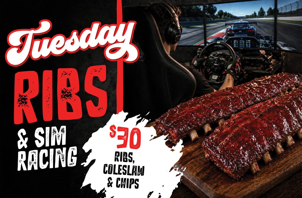 Promotional banner for Tuesday Night Ribs: a racing cockpit scene on the right and bold red text on the left.