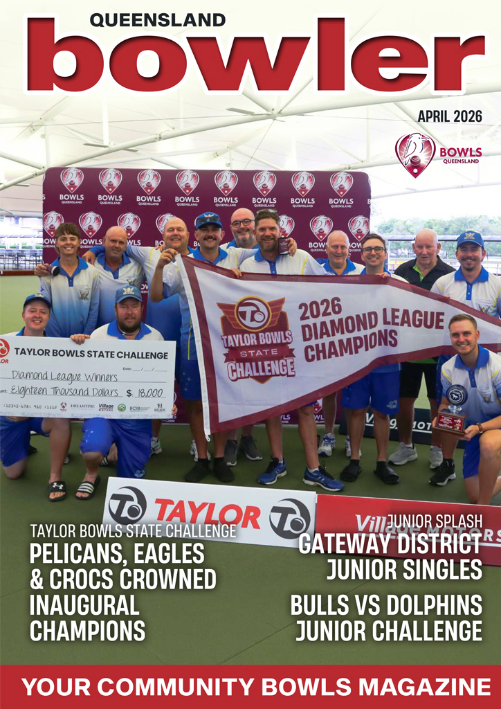 Magazine cover showing a lawn bowls team posing with banners reading 2026 Diamond League Champions and Taylor Bowls State Challenge winners.