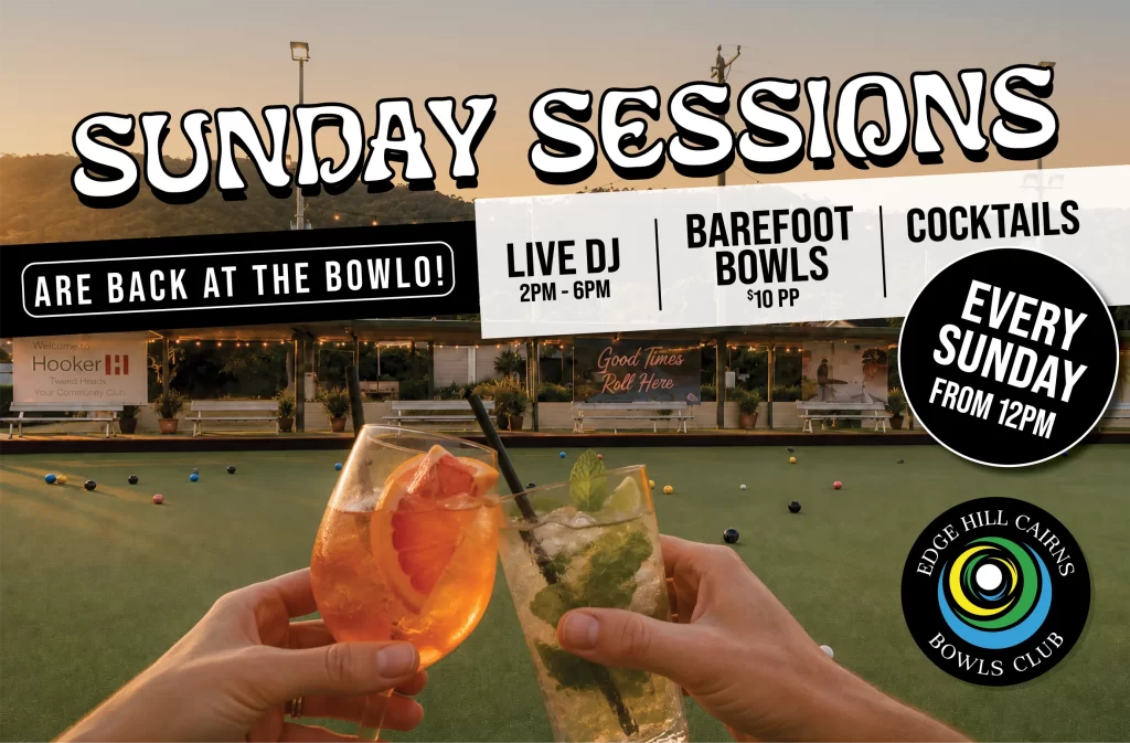 Three cocktails being toasted in the foreground at an outdoor bowls club with a large 'Sunny Sessions' banner in the background.