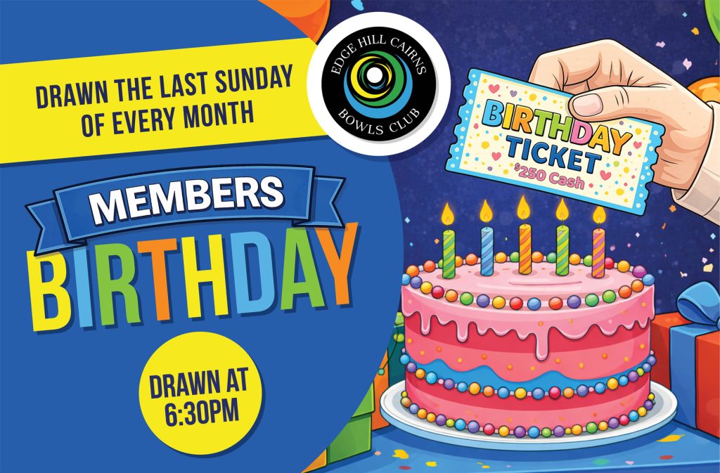 Colorful birthday banner for Edge Hill Cairns Bowls Club announcing a monthly Members Birthday draw with a cake, tickets, and balloons.