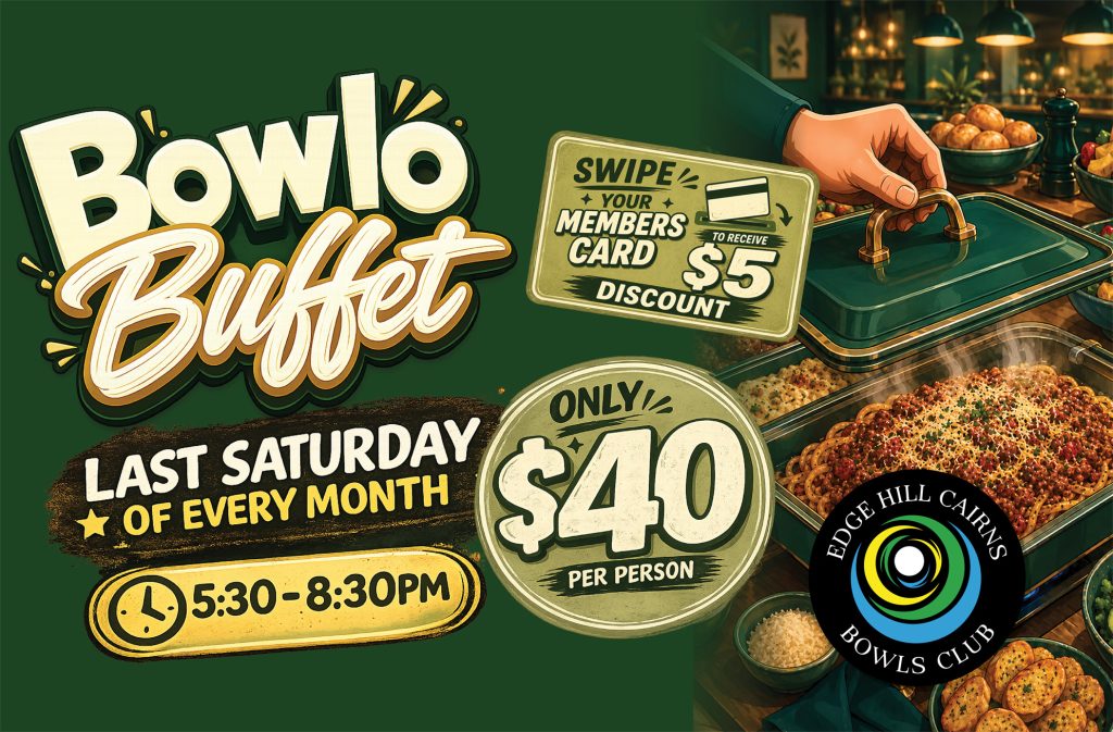 Promotional banner for a buffet with large 'Bowl Buffet' text and a hand holding a card near buffet trays, advertising a  member discount.