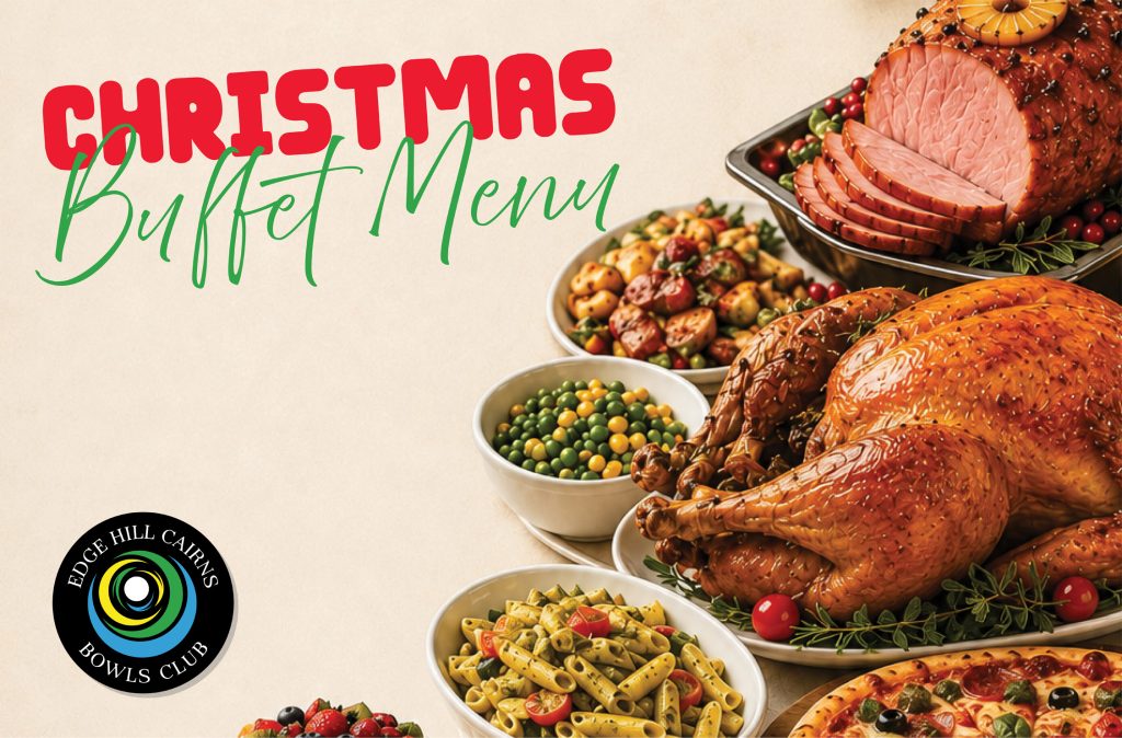 Promotional banner for a Christmas buffet menu, showing sliced roast turkey and bowls of sides beside festive text.",