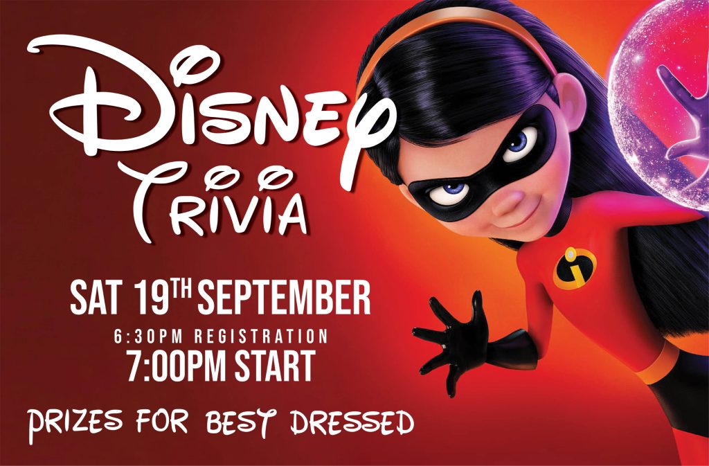 Promotional poster for a Disney Pixar event featuring Elastigirl; shows date, registration at 6:30 PM, start at 7:00 PM, and prizes for best dressed.