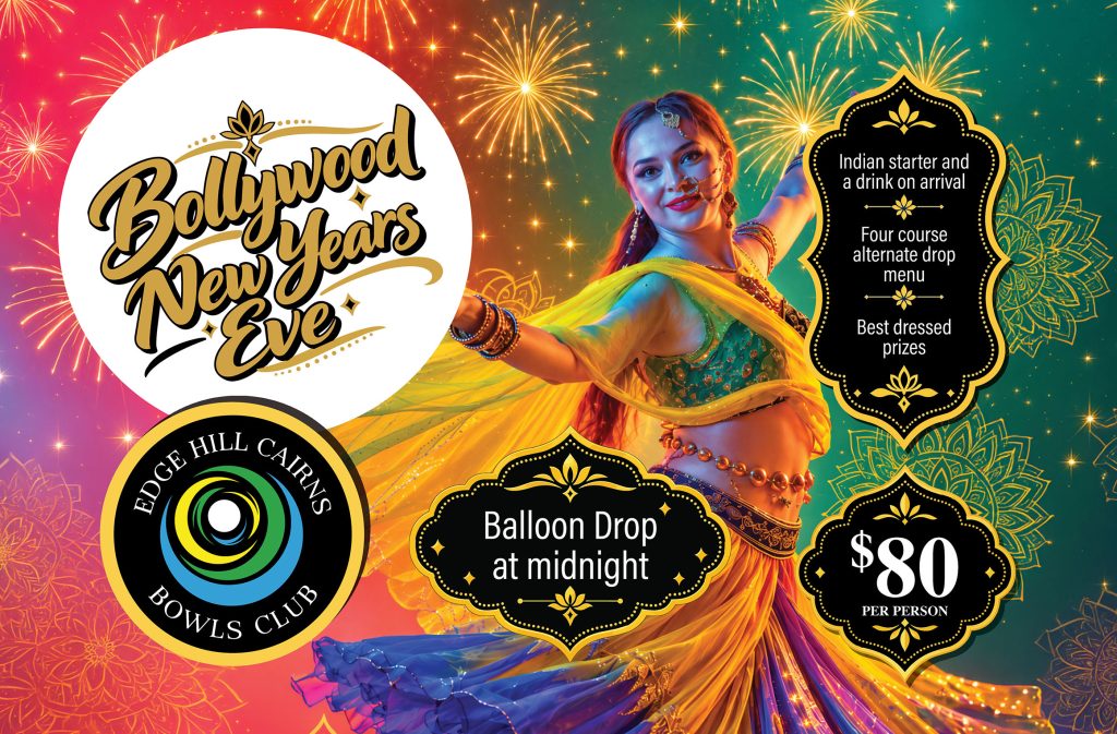 Promotional banner for Bollywood New Year Eve with a dancer, fireworks, and event badges.