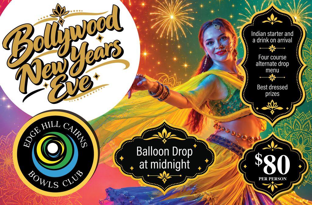 Bollywood New Year Eve festival poster with a dancer, fireworks, and prize banners.