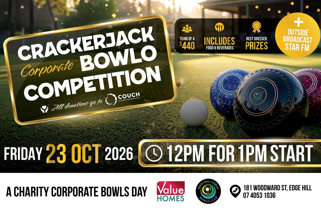 Promotional banner for Crackerjack Bowlo Competition charity bowls day with gold-accented text and bowls on a green lawn.