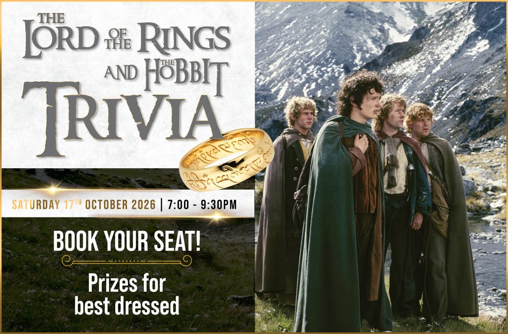 Promotional poster for a Tolkien trivia night (Lord of the Rings and The Hobbit) with a golden ring and a group of travelers in a mountain setting; invites booking seats.