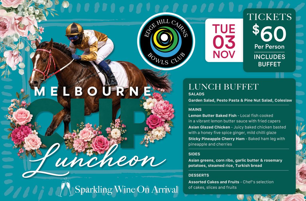 Promotional banner for Melbourne Luncheon: jockey on a horse with floral border, club logo, date Nov 3, and tickets  including buffet and lunch menu panel.