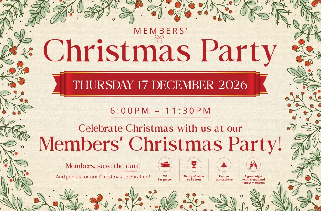 Flyer announcing Members' Christmas Party on Thu Dec 17, 2026, 6:00 PM–11:30 PM, with festive details and RSVP info (decorative border).