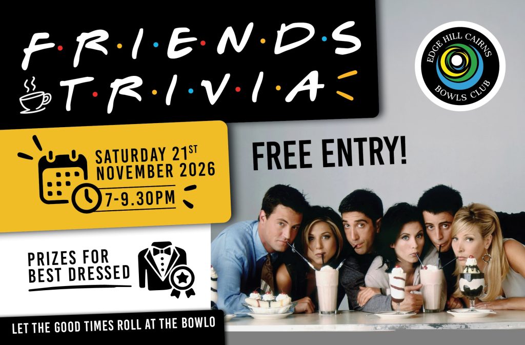 Collage poster advertising a Friends Trivia night with a bowling club logo and event details, including date and prizes.